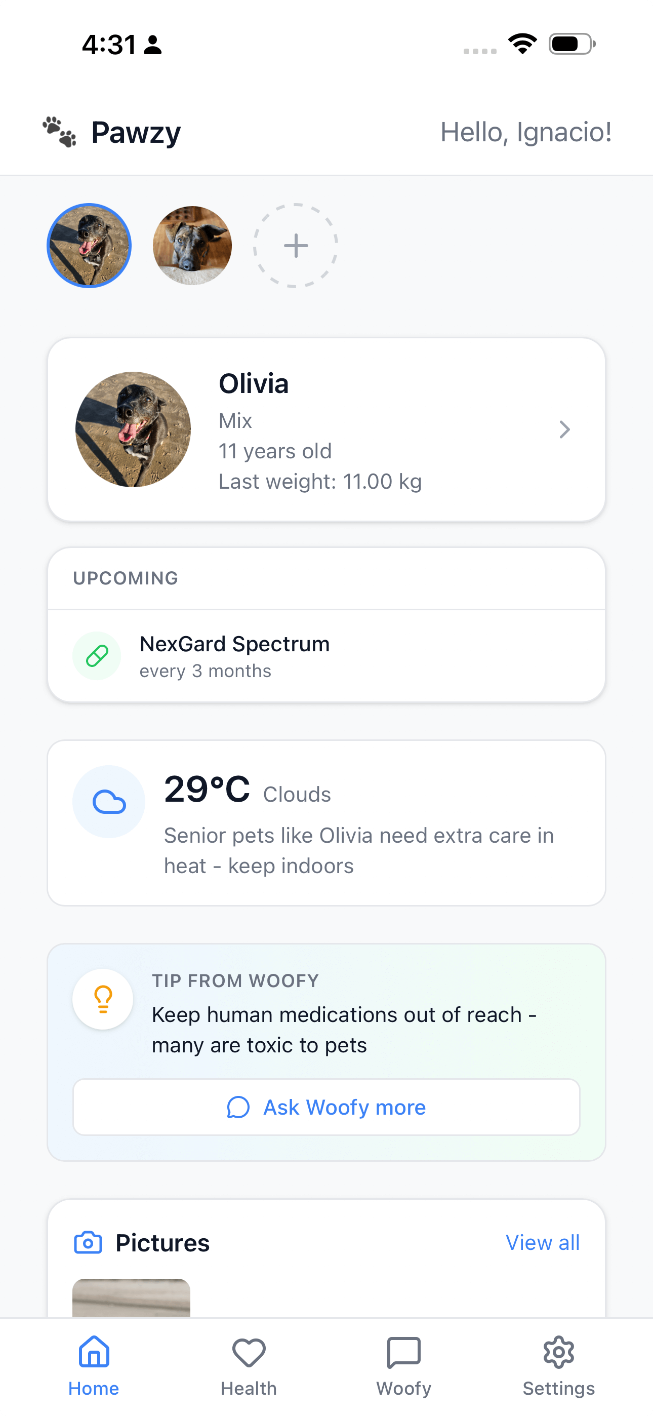 Pawzy app dashboard showing pet health tracking